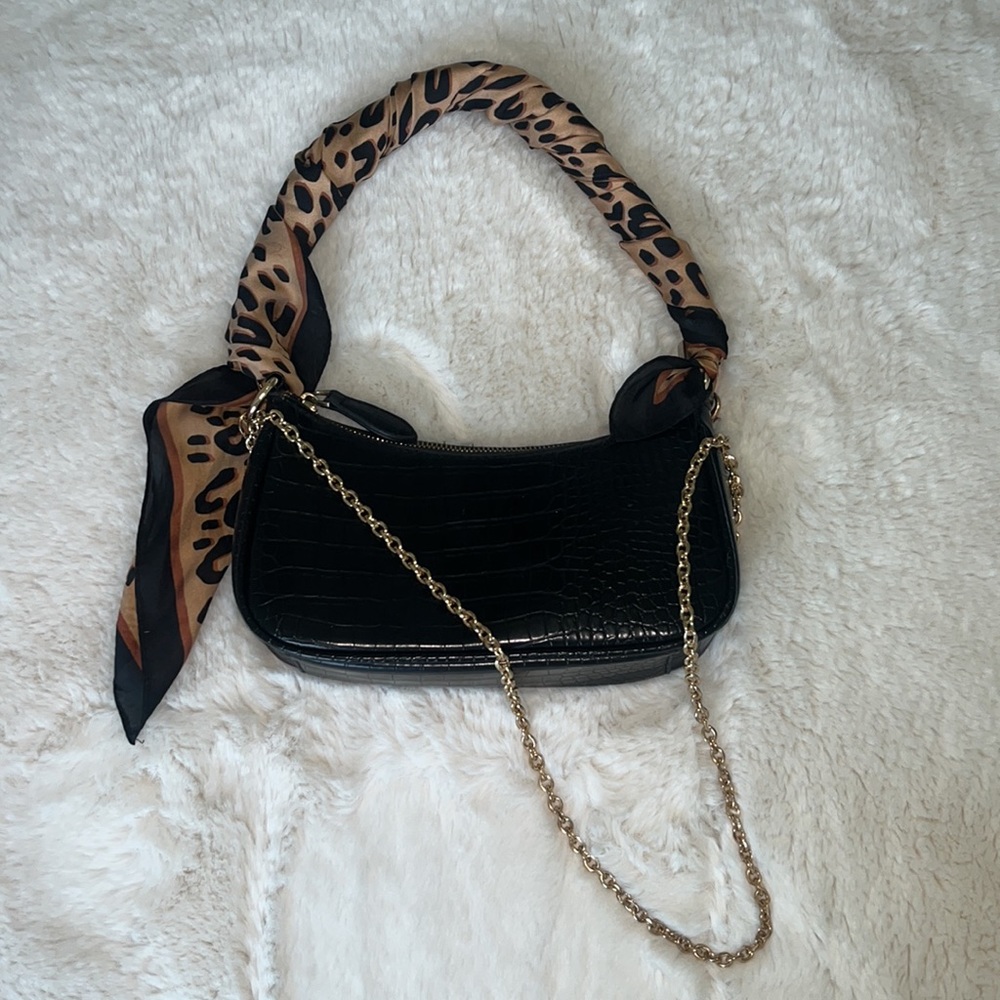 Black Shoulder Bag with Cheetah Scarf (comes with but is removable)